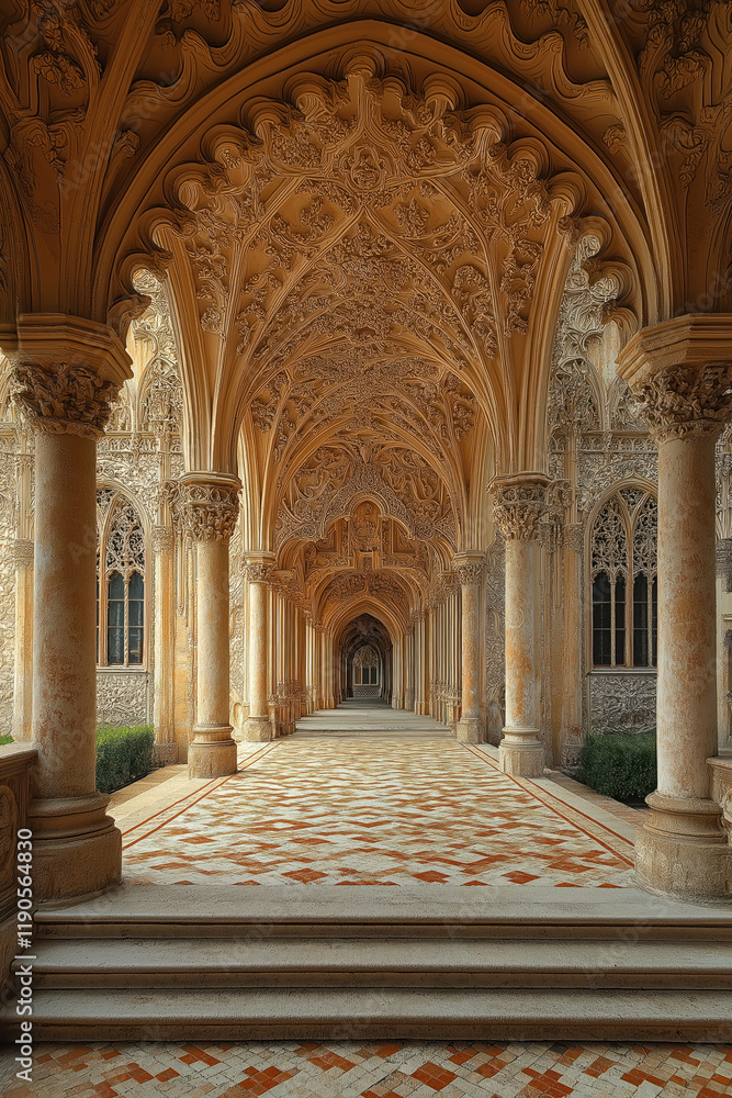 Poster medieval arcade. gothic colonnade. intricate details. created with generative ai technology