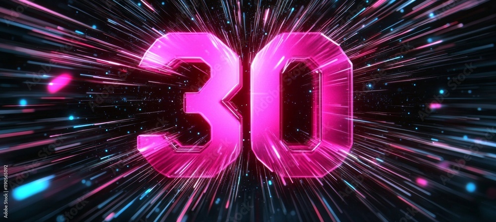 Poster glowing digital 3d number 30 on a futuristic abstract background with light speed motion effect