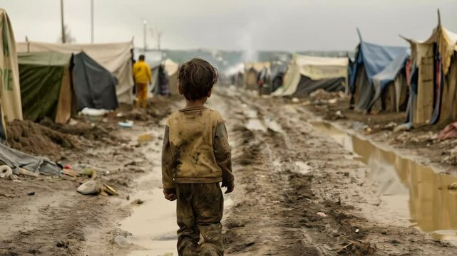 poverty and immigration concept, little child in dirty refugee camp
