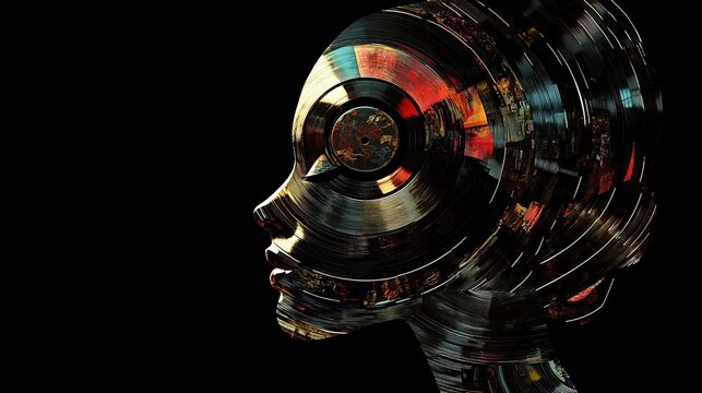 Stylized vinyl record collage face