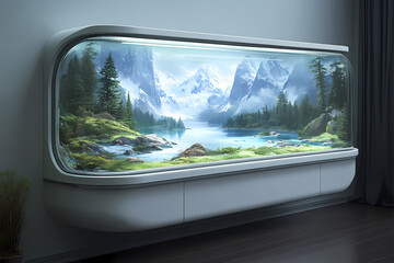 A glowing digital window displaying virtual landscapes, symbolizing harmony between technology and comfort