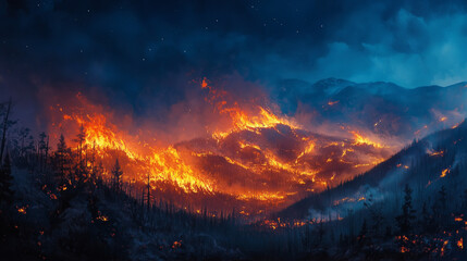 A haunting view of wildfires at night, with fiery tongues of flames illuminating the darkened landscape.