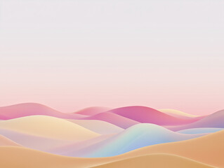 An abstract minimalist landscape with soft gradient hills in warm tones (peach, gold, and lavender), under a simple gradient sky transitioning from blue to pink