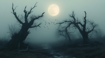 Black birds flying over a foggy field with dead trees and a full moon, creating a creepy horror atmosphere