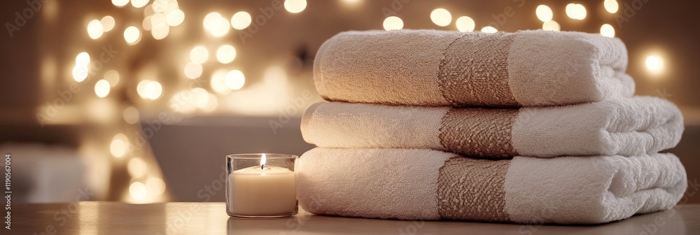 Poster serene spa setting stacked white towels and a glowing candle with a relaxing bokeh background