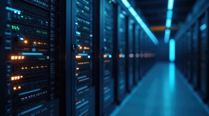 Server Racks in Modern Data Center, Glowing LED Lights on Front Panels, Network Cables, and High-Tech Atmosphere, Symbolizing Cloud Storage and Data Processing
