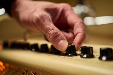 A musician is adjusting the amplifier settings for optimal sound quality during a performance