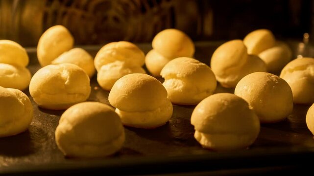 Process of profiterole production. Baking concept. Homemade food. Traditional French profiteroles baking in oven. Timelapse. Baking choux pastries in oven. Close-up in 4K, UHD