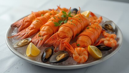 Seafood platter with prawns, clams, and lemon slices on ice