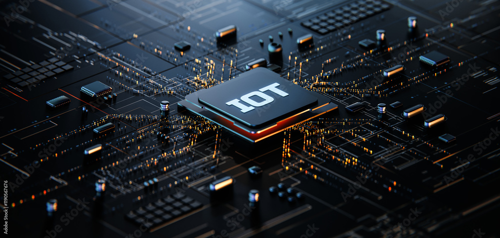 Poster iot internet of things text word on chip processor. modern technology concept