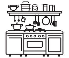 A black and white drawing of a kitchen, Line art kitchen furniture set