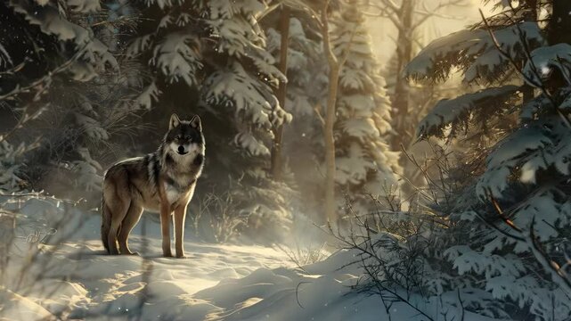 beautiful wolf in snowy winter forest