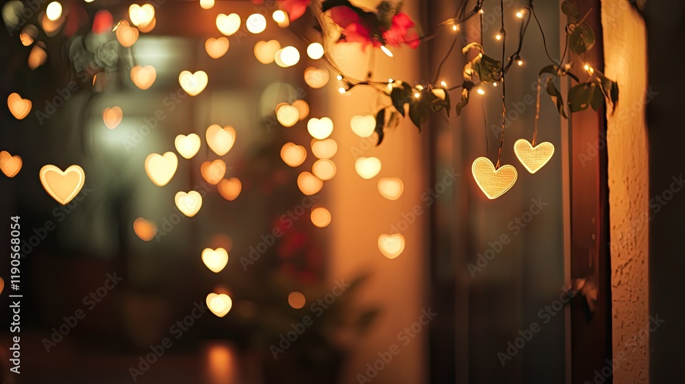 Poster a soft glow of heart-shaped bokeh lights in a cozy and romantic indoor setting