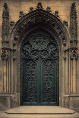 Entrance of a medieval church. Gothic architecture. Intricate details. Created with Generative AI technology