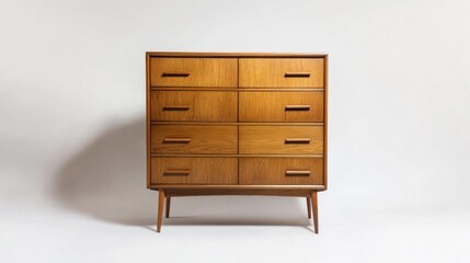 Mid-century modern wooden chest of drawers with six drawers on tapered legs against a white background.