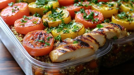 A healthy and delicious meal of grilled chicken and roasted vegetables over quinoa