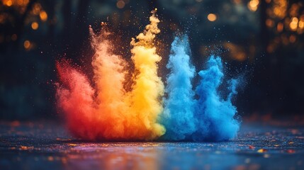 Vibrant color powder explosion on ground.