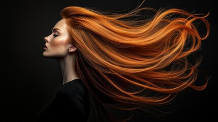 Naklejka premium Flowing Red Hair, Beauty Portrait of a Woman with Long, Wavy Copper Hair on a Dark Background