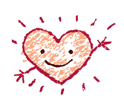 Wow  surprise cute funny smiling hello or hi heart. Hand drawing doodle style. Crayon, pastel chalk or pencil. Cartoon flash bang simple hugging character. Valentine's day or hippie peace symbol