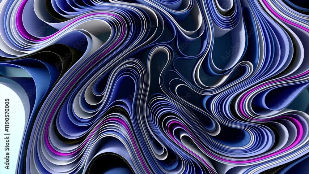 Poster wavy stripes in shades of blue and purple morph and pulsate, creating a mesmerizing abstract visual 