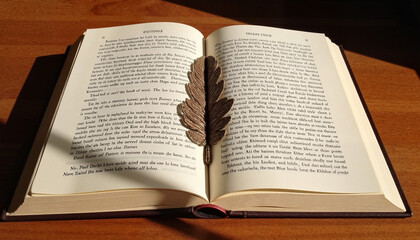 Fototapeta premium Intricate feather bookmark resting on novel pages, celebrating World Book Day