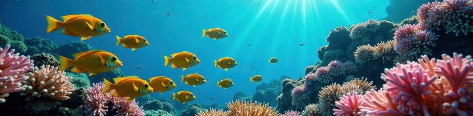 Fototapeta premium A school of vibrant parrotfish swims amidst a lush coral reef , bright, green, aquatic