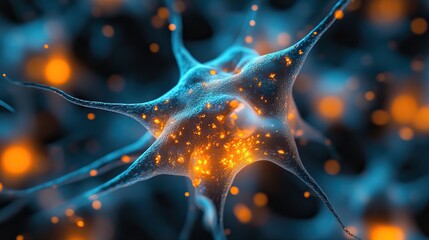 Blue and orange neurons intertwine and connect in a complex neural network