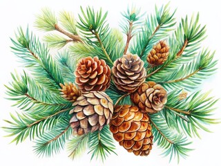 Elegant Watercolor Pine Cones & Branches: Hand-Drawn Botanical Illustration on White Background