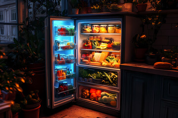 A glowing fridge suggesting meals with holographic displays, symbolizing the future of dining