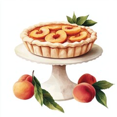 Delicious Peach Tart on Cake Stand with Fresh Peaches and Leaves Watercolor Style