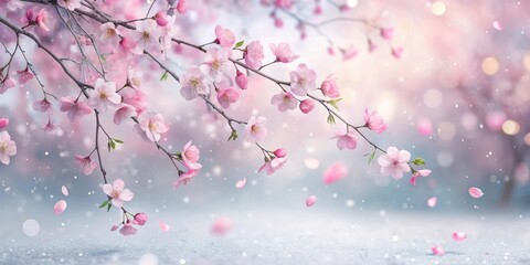 Soft pink sakura petals gently fall onto a snowy background, creating a serene and peaceful atmosphere, delicate petals, winter wonderland