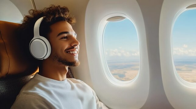 A happy man wearing headphones is sitting in an airplane window, enjoying music and the view outside through his white over-ear headphones.