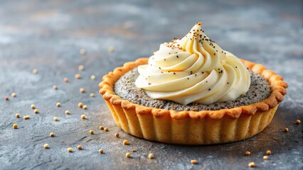 A delicate pastry tart with a golden brown crust and a dollop of creamy poppy seed topping on top, pastry, spring,  pastry