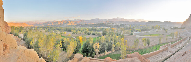 View of the Afghan Bamian Valley near the rock with Buddhas