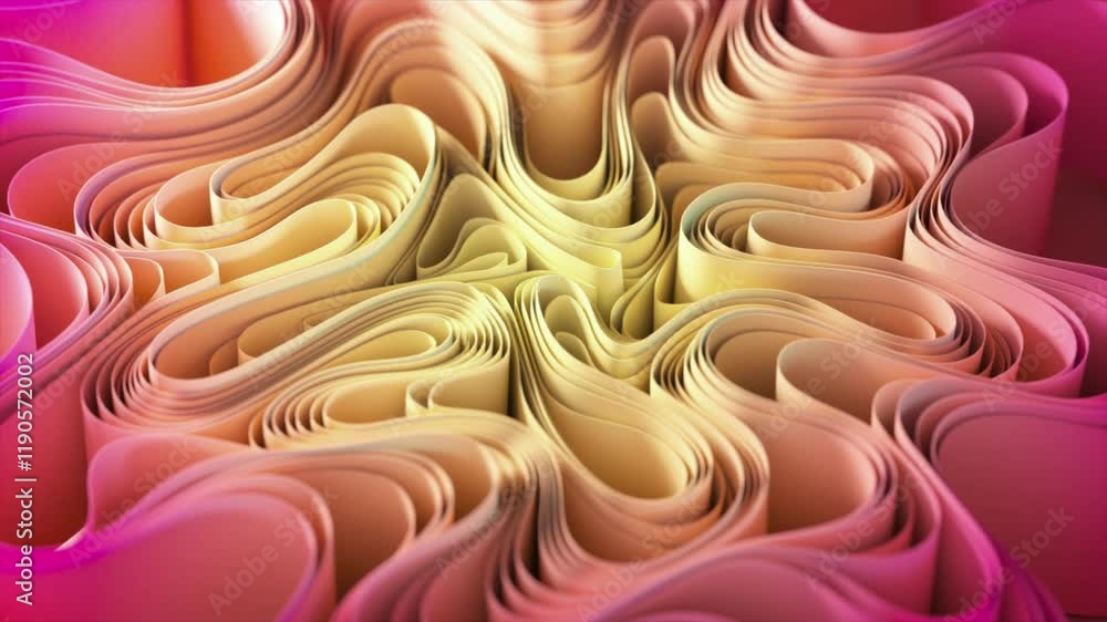 Poster paper strips in pink and yellow creating mesmerizing organic patterns, layering and intertwining wit