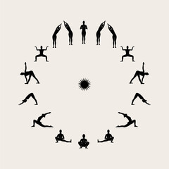 Yoga sun salutation abstract poster. Monochrome woman silhouette modern illustration. Health care and lifestyle concept. Hand drawn Vector illustration for print and web.