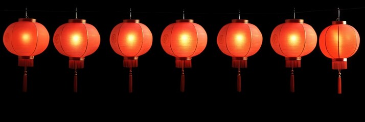 Red asian lanterns hanging on black background. Festive decoration for Chinese New Year, Mid-Autumn Festival, National Day, Lantern Festival, Qixi, Qingming Festival, Chongyang Festival