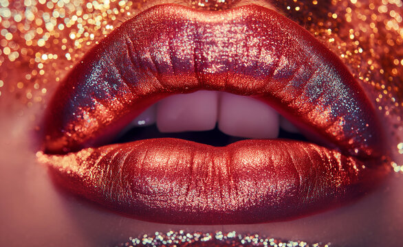 Closeup of glossy, glittery lips with bold makeup showcasing shiny and colorful beauty.