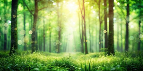 Fototapeta premium Dense forest foliage with blurred trees and undergrowth in a soft green bokeh background, woodlands, green bokeh