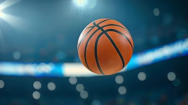 Orange basketball flying after free throw stadium indoor background