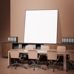 Minimalist conference room with blank whiteboard leaning against a wall. 3D Rendering