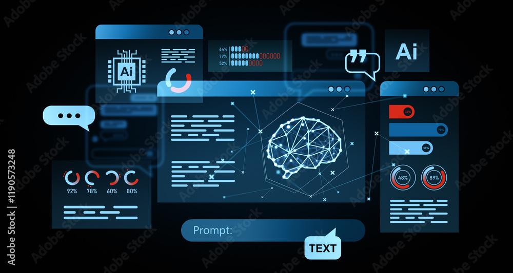 Aufkleber ai dashboard interface with holographic neural network visualization and analytics in futuristic dig