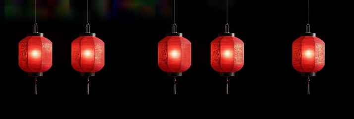 Red asian lanterns hanging on black background. Festive decoration for Chinese New Year, Mid-Autumn Festival, National Day, Lantern Festival, Qixi, Qingming Festival, Chongyang Festival