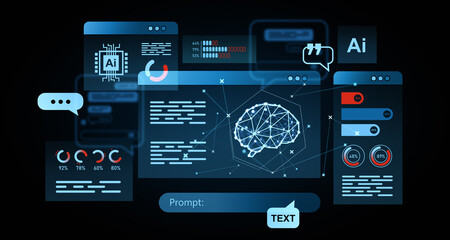 AI dashboard interface with holographic neural network visualization and analytics in futuristic digital style. 3D Rendering