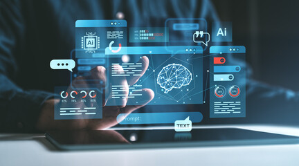 Holographic AI interface with interactive data visualization.