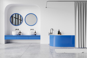 Modern white and blue bathroom interior with round mirrors and bathtub. 3D Rendering