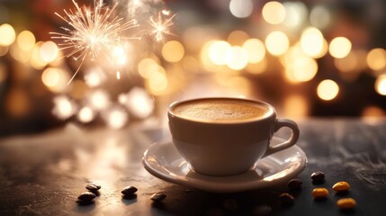 Obraz premium a coffee cup with a heart painted on it, Christmas lights