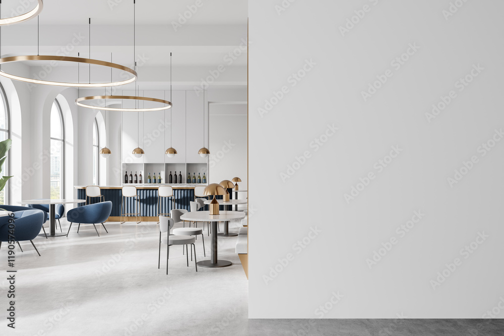 Poster minimalist cafe interior with empty white wall and modern furniture for template or mockup usage. 3d