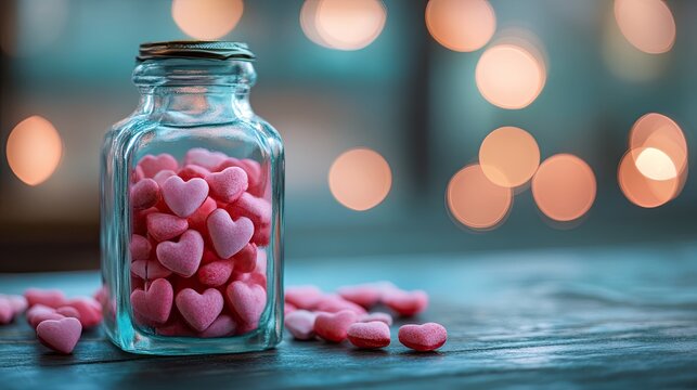 A vintage-style glass bottle filled with pink and red heart-shaped candies