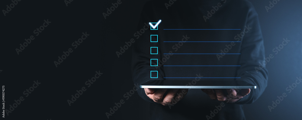 Poster digital checklist with glowing checkboxes on tablet in dark environment.
